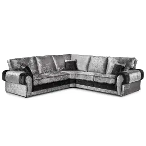 Chelsea Black and Silver Crushed Velvet 5 Seater Large Corner Sofa 2 Corner 2 Rolled Arms