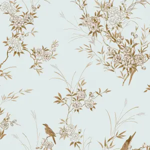 Shabby Chic by Rachel Ashwell Bird Chinoiserie Blue Gold Floral Wallpaper