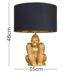 ValueLights Modern Gold Sitting Gorilla Monkey Design Table Lamp With Black Gold Drum Shade