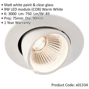 Fully Adjustable Recessed Ceiling Downlight - 9W Warm White LED - Matt White