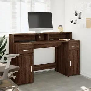 Berkfield Desk with LED Lights Brown Oak 140x55x91 cm Engineered Wood