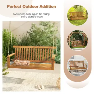 Costway Acacia Wood Porch Swing 2-Person Outdoor Patio Hanging Chair w/ Backrest