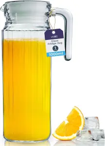 1L Glass Fridge Jug with Lid Clear Water Pitcher with Ribbed Design, Vented Spout & Handle for Juices, Pimms & Everyday Use