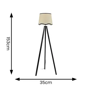 ValueLights Barbro Black Wood Tripod Floor Lamp with Natural Linen Scallop Black Edge Shade and LED Bulb