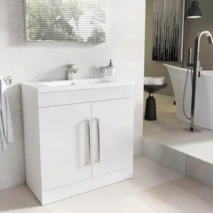 800mm Single Bathroom Vanity with Semi-Recessed Ceramic Basin Gloss white