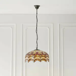 Tiffany Glass Hanging Ceiling Pendant Light Bronze & Scalloped Lamp Shade i00154