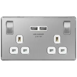 BG Nexus Screwless Switched Socket Dual USB-A 13A 2G Brushed Steel - FBS22UW