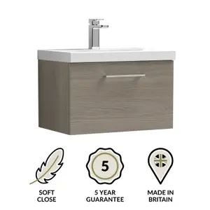 Wall Hung 1 Drawer Vanity Unit with Mid-Edge Ceramic Basin, 600mm - Woodgrain Solace Oak