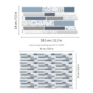 Walplus Terrazzo Silver Touch Blue And Grey Mosaic Wall 2D Tile Stickers 11.2 x 5.5 inches / 28.5 x 14 cm 12 Pcs