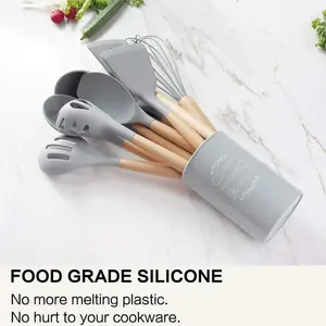 Silicone Kitchen Utensils Set,13 Pcs Wooden Handles Spatula Set,Cooking Utensils For Non Stick Pans,Silicone Spatulas For Cooking Kitchen Gadgets Tools (Grey)