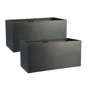 Set of 2 IDEALIST 80cm Garden Trough Dark Grey Reinforced Stone Rectangular Planter, Outdoor Large Plant Pots H37 L80 W37 cm, 111L