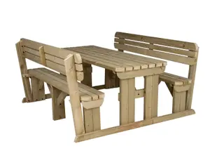 Alders wooden picnic bench and table set, rounded outdoor dining set with backrest (8ft, Natural finish)