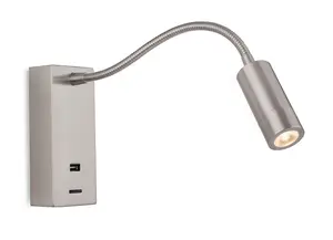 Luminosa Clifton LED Flexi Wall Reading Light & USB Brushed Steel