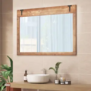 COSTWAY Rustic Decorative Mirror 100 cm x 70 cm Rectangle Wooden Wall Mirror