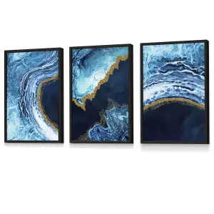 Set of 3 Abstract Navy, Blue and Gold Oceans Wall Art Prints / 30x42cm (A3) / Black Frame