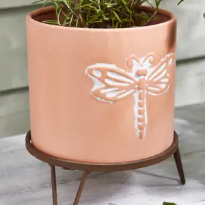 Set of 2 Embossed Butterfly Dragonfly Round Indoor Outdoor Garden Planter Footed Terracotta Flower Plant Pots