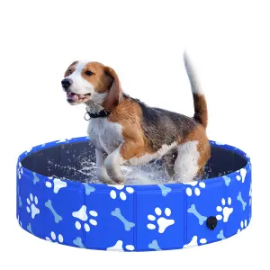 PawHut Dog Swimming Pool Foldable Pet Bathing Shower Tub Padding Pool Dia80cm S- Blue