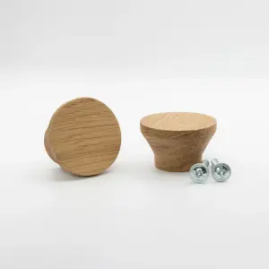 Pair Round Tapered Oak Knobs for Cabinet Doors and Drawers Dia 40mm