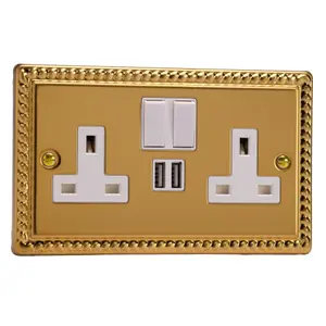 Varilight 2-Gang 13A Single Pole Switched Socket + 2x5V DC 2100mA USB Charging Ports  Georgian Brass