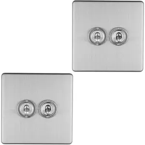 2 PACK 2 Gang Double Retro Toggle Light Switch SCREWLESS SATIN STEEL 10A 2 Way