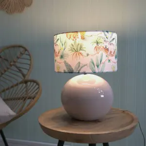 ValueLights Bosco Stone Natural Ceramic Table Lamp with Tropical Print Drum Shade - LED Bulb Included