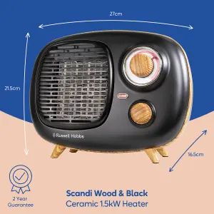 Russell Hobbs Fan Heater Scandi Wood Effect 1500W Portable Electric Retro Black Ceramic Heater RHRETPTC2001WDB