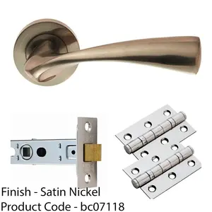 Door Handle & Latch Pack - Satin Nickel Curved Flaired Screwless Round Rose Kit