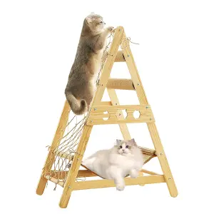 Wooden Cat Tower for Indoor Cats with Hammock Straching Post Climbing Web