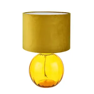 Contemporary Ochre Ribbed Glass Table Lamp with Soft Velvet Mustard Shade