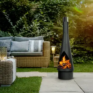 45x150cm Black Steel Round Chiminea Wood Burner - Outdoor Fire Pit and Garden Heater