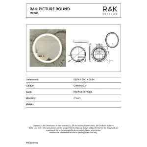 RAK Picture Round 600x600mm Chrome Round Touch Sensor Illuminated Mirror IP44