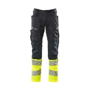 Mascot Accelerate Safe Trousers with Kneepad Pockets - Dark Navy/Hi-Vis Yellow   (36.5) (Leg Length - Regular)