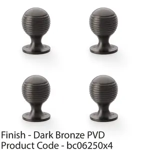 4 PACK - Reeded Ball Door Knob - 25mm Diameter Dark Bronze Lined Cupboard Pull Handle