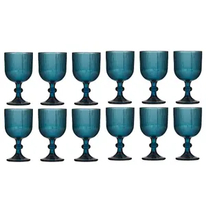 Set of 12 Vintage Luxury Blue Ribbed Drinking Wine Glass Wine Goblets 360ml