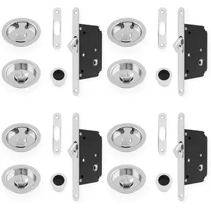 4 PACK - Sliding Pocket Door Lock & Latch Set - Polished Chrome Round Forend Finger Pull