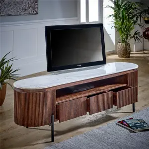 Ruby Mango Wood Large Tv Stand With Marble Top & Metal Legs