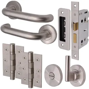 AFIT Satin Stainless Steel Return To Door Lever on Rose Handle Bathroom Kit - 76mm Hinges 64mm Latch