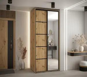 Rustic Oak Artisan Cannes V Sliding Wardrobe H2050mm W1200mm D600mm with Custom Black Steel Handles and Decorative Strips