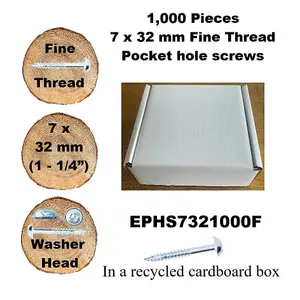 Pocket Hole Screws for Hardwoods, 32mm Long, Pack of 1,000, Fine Self-Cutting Threaded Square Drive, EPHS7321000F, EPH Woodworking