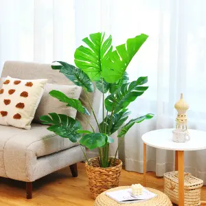 Costway 120cm Artificial Monstera Deliciosa Tree Faux Tree W/ 10 Leaves & Cement Pot