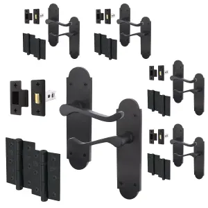 AFIT Matt Black Door Handle Latch Set - Victorian Scroll Shaped - 5 Pairs of Internal Latch Door Handles, Hinges 76mm & Latch 64mm