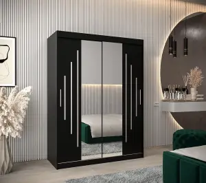 Timeless York I Mirrored Sliding Door Wardrobe with Shelves and Hanging Rails in Black H2000mm W1500mm D620mm