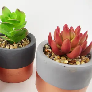 14cm Set of Three Stoneware Mini Copper Band Planters with Artificial Succulent Plants