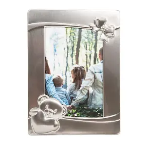 Bushed Pewter Baby Picture Frame with Teddy Bear and Bow with Diamante Crystal