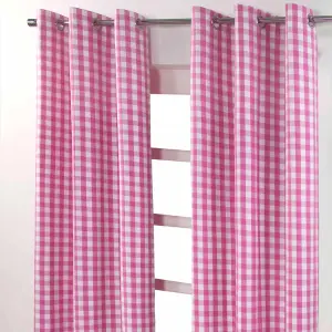 Homescapes Cotton Pink Block Check Gingham Eyelet Curtains 117 x 137 cm