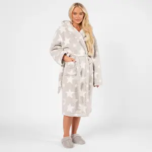 OHS Dressing Gown Hooded Teddy Marl Star Fleece Warm Womens Ladies Soft Robe