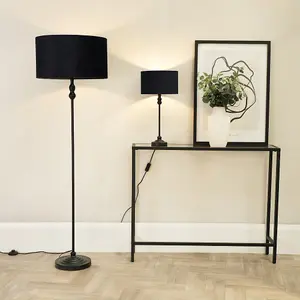 ValueLights Maggie Black Metal Candlestick Floor Lamp with Black Velvet Lamp Shade and LED Bulb