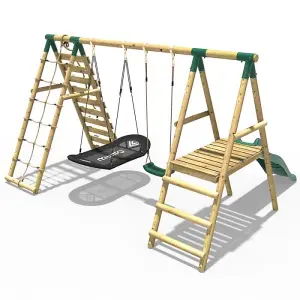 Rebo Wooden Swing Set with Deck and Slide plus Up and Over Climbing Wall - Quartz Green