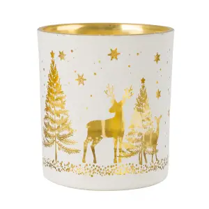 Small White Gold effect Christmas Woodland Scene Glass Tea light holder