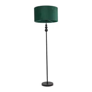 ValueLights Marissa Matt Black Stacked Ball Floor Lamp with Forest Green Velvet Shade